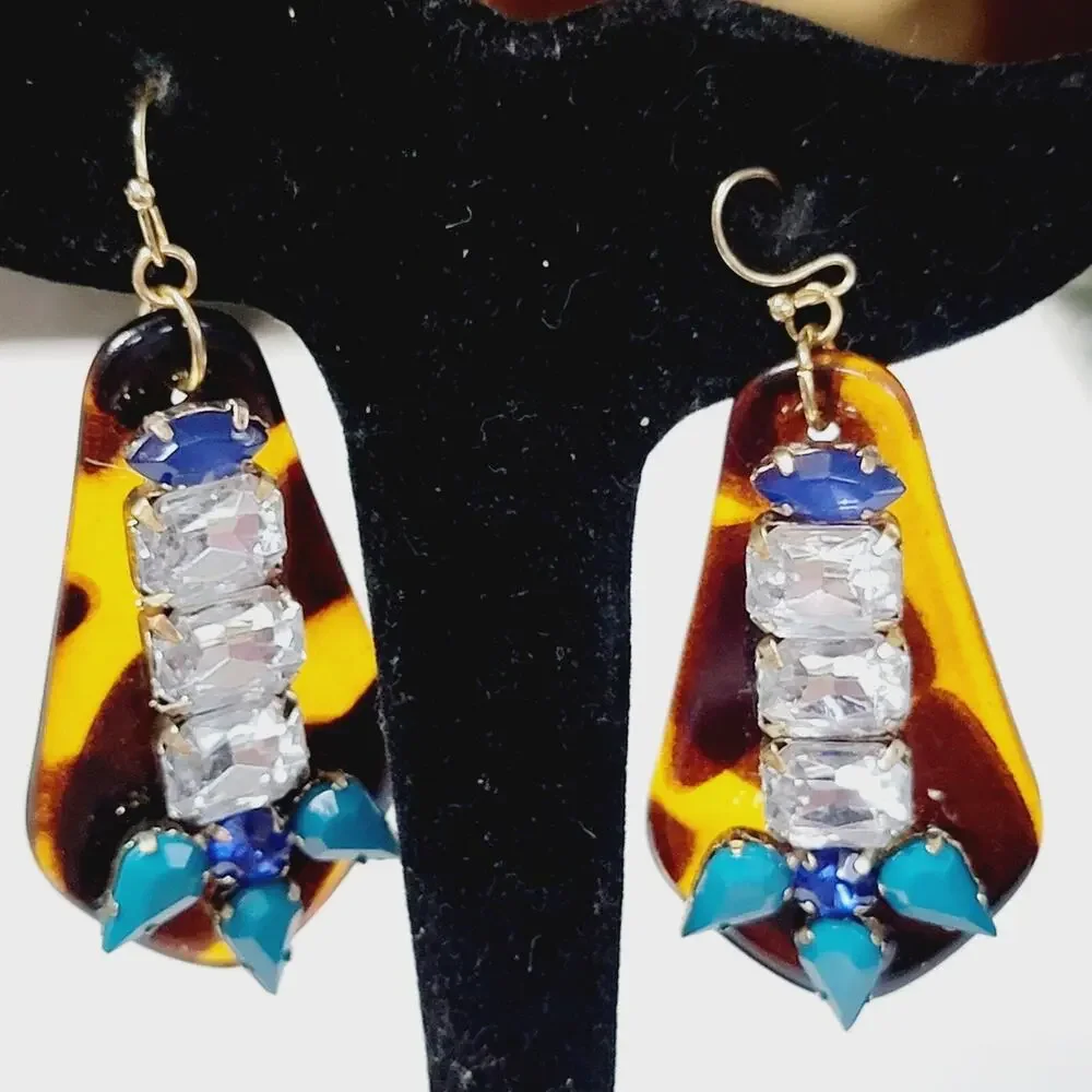 Contemporary Dangle Pierced Earrings‎ 2.5” Bejeweled Tortoise Lucite Diva KP-73